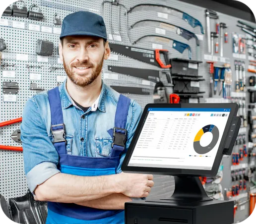 Dono de loja de materiais de construção ao lado do PDV do ConnectStore, com gráfico de vendas por categoria na tela