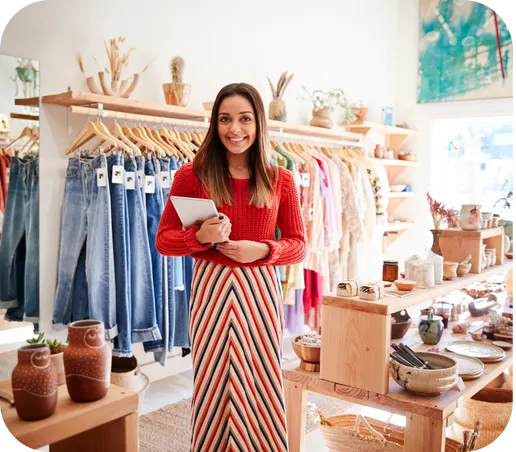 Lojista sorrindo em uma boutique, gerenciando o negócio pelo tablet com o ConnectStore